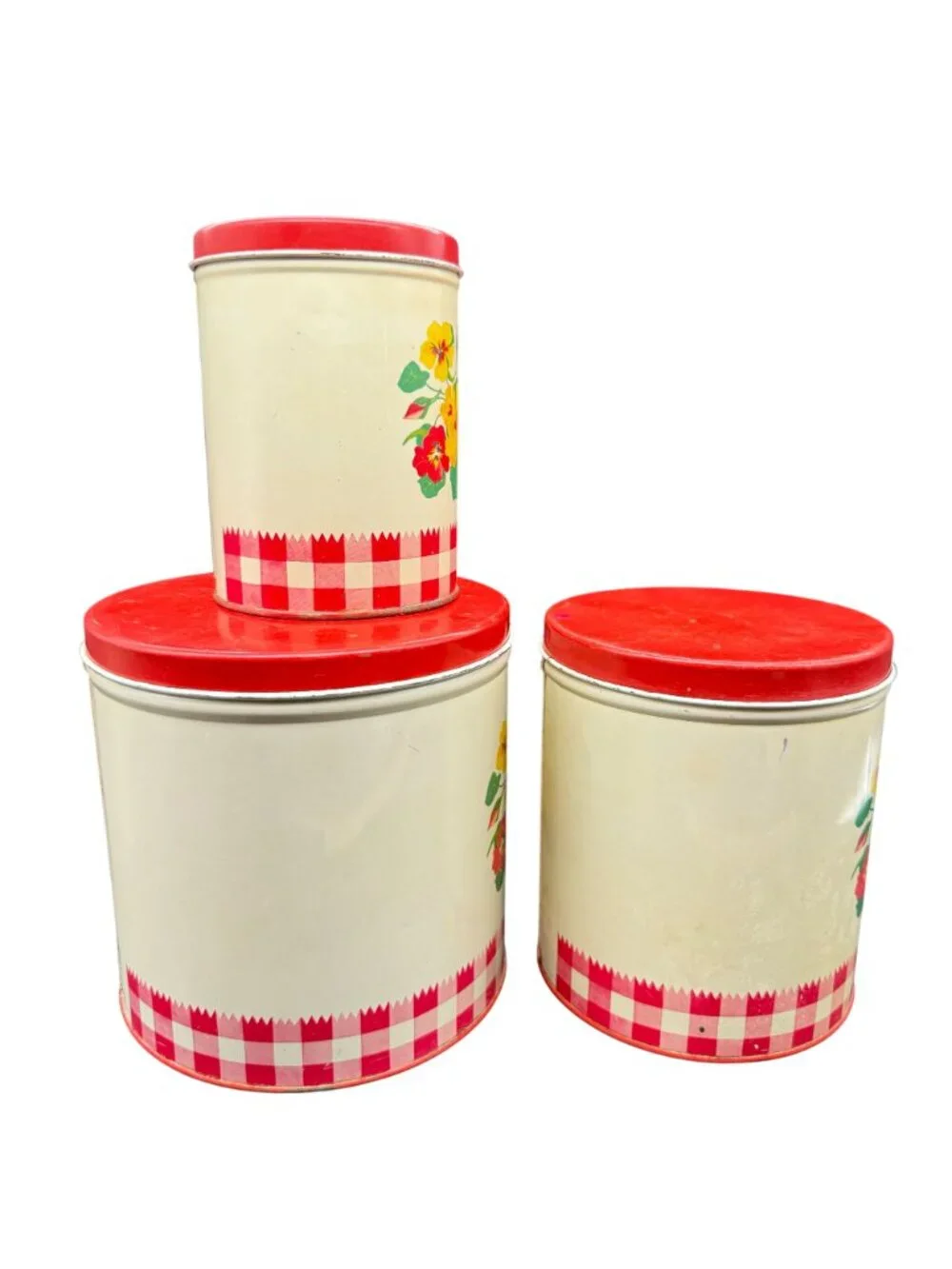 Vtg 40s Gingham Nasturtiums Floral Pattern Red Metal Canisters Nesting Lot 3